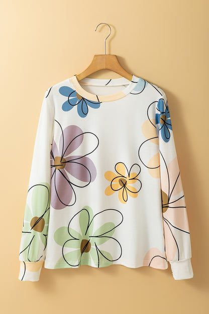 Beige bloemenprint ronde hals lange mouw T-shirt