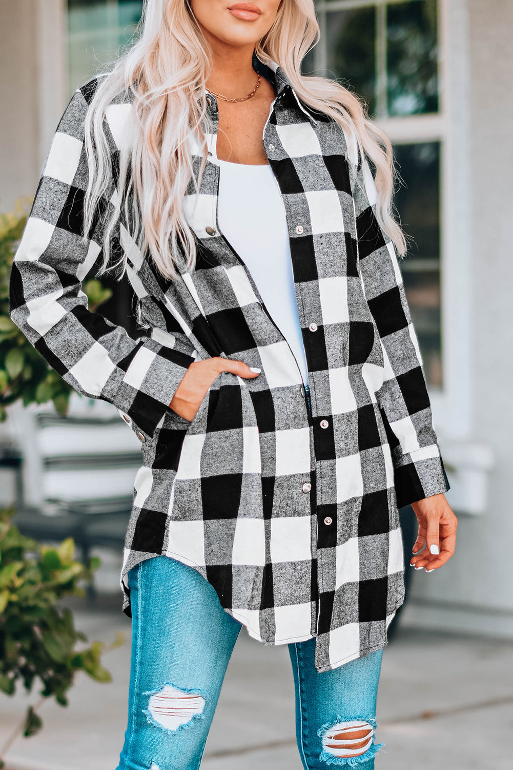 Brown Turn-down Collar Plaid Shirt Coat