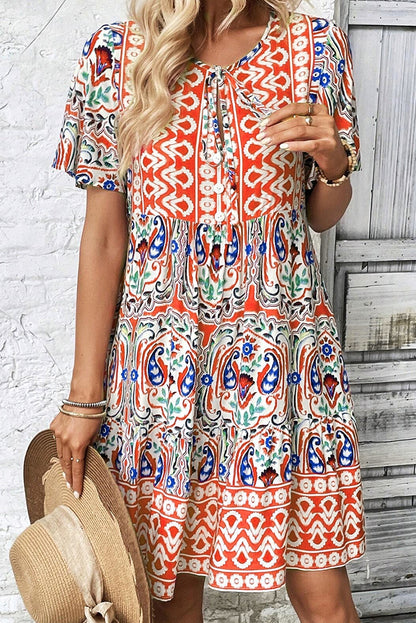 Oranje Bohemian Print Strik Hals Ruffle Zoom Korte Jurk