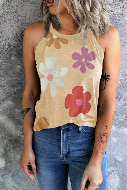 Kaki tanktop met ronde hals en bloemenprint