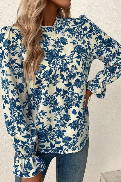 Blouse met bloemenprint, volantmouwen en sleutelgatrug in hemelsblauw