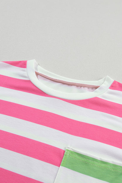 Roze streep contrast patch zak drop mouw T-shirt