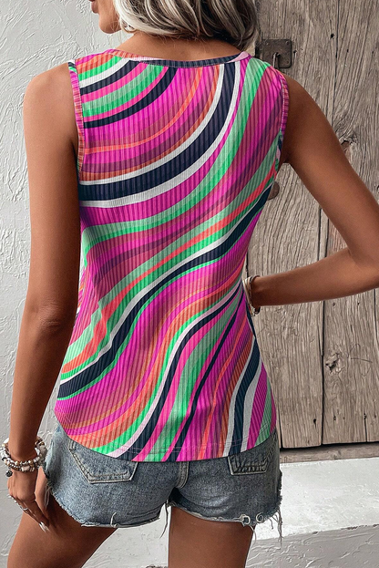 Multicolour Wavy Striped Buttoned V Neck Tank Top