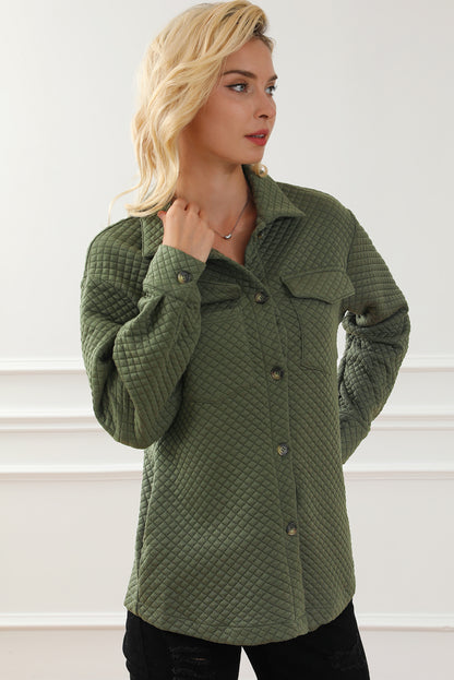 Groene Retro Quilted Flap Pocket Knoop Shacket