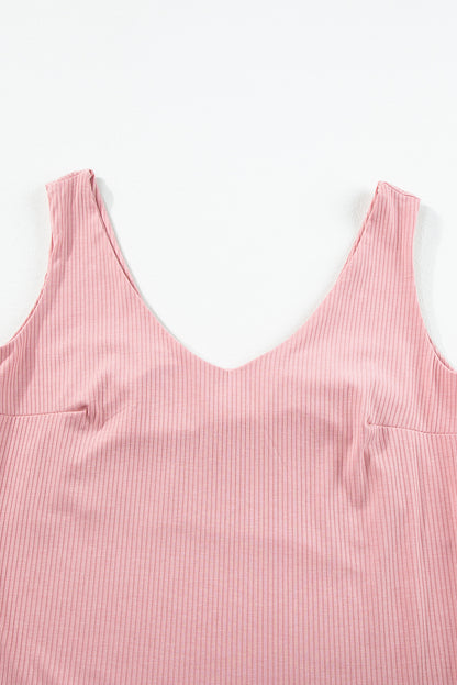 Lichtroze tanktop met ribstructuur en V-hals