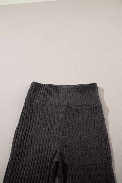 Gray Wide Waistband Ribbed Textured Knit Leggings