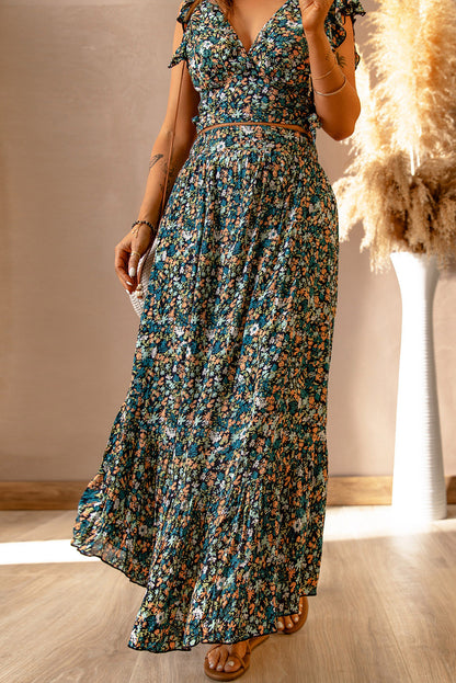 Black Multicolor Floral Ruffled Crop Top and Maxi Skirt Set