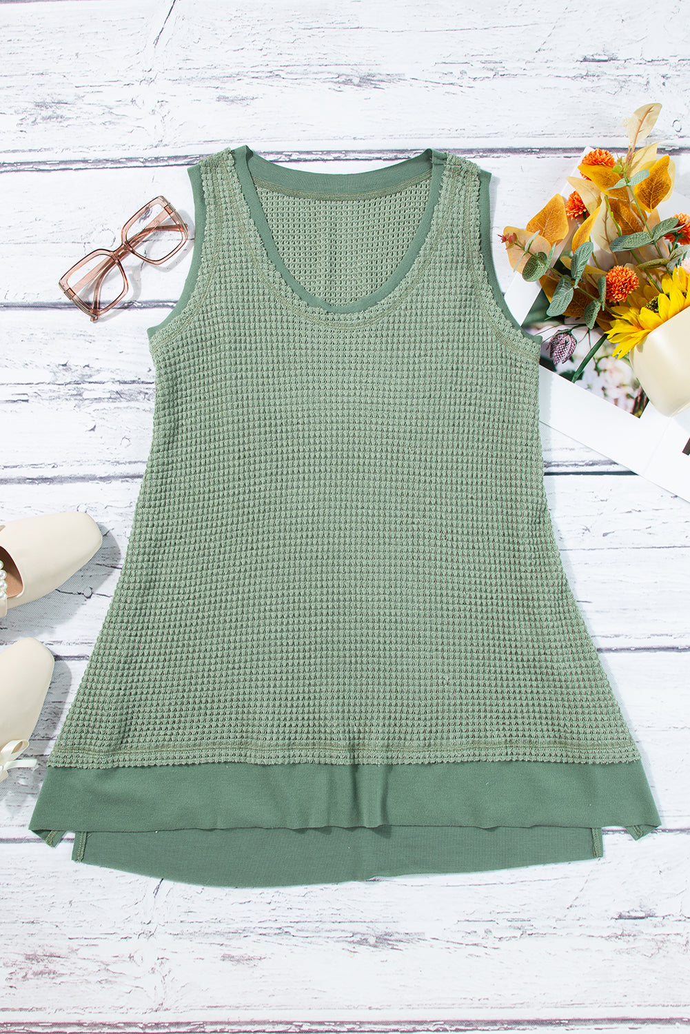 White Scoop Neck Waffle Knit Flowy Vest