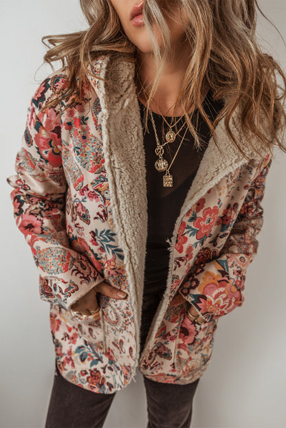 Beige Vintage Paisley Bloemenprint Sherpa Gevoerde Capuchon Jas