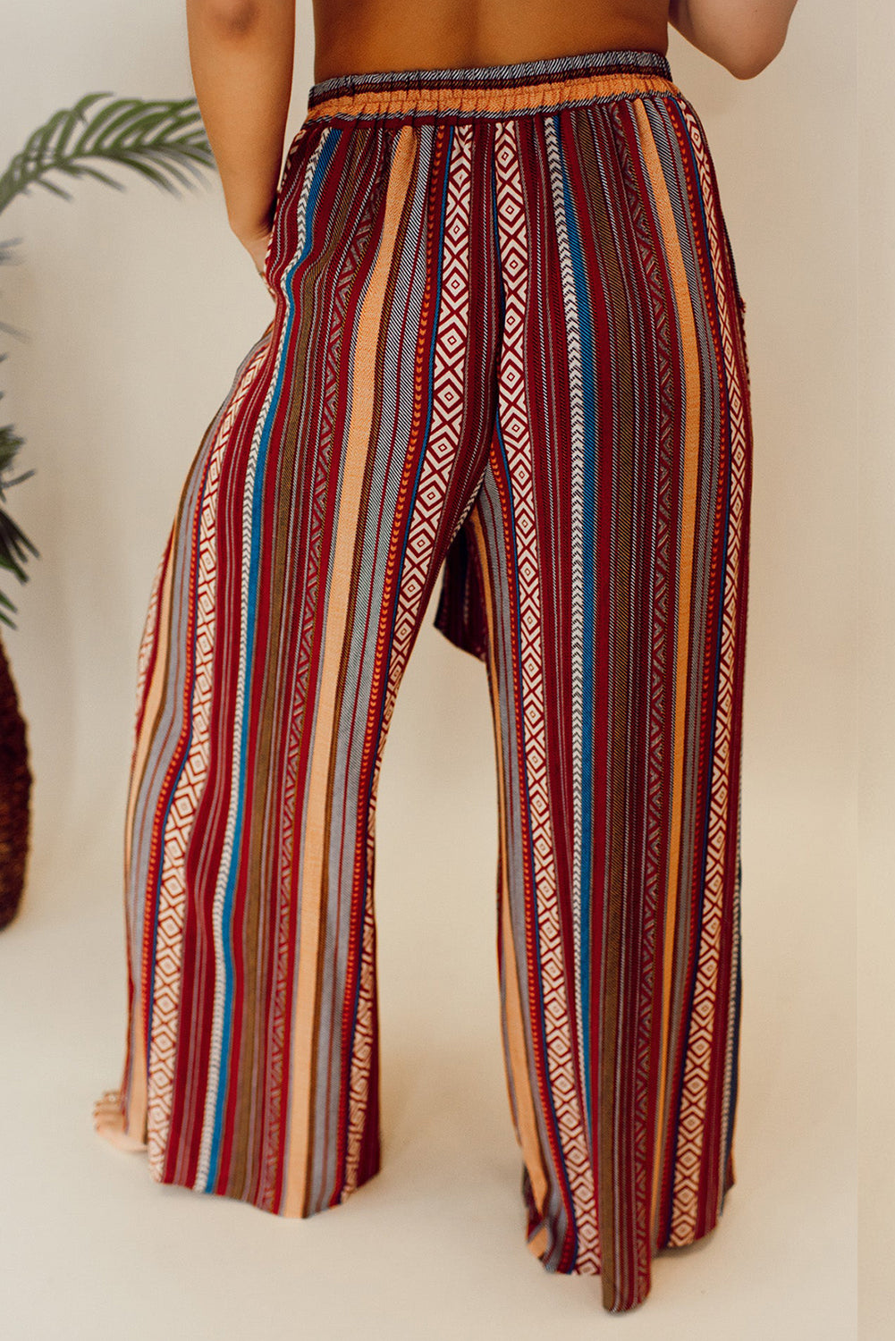 Rode Boho Etnische Gestreepte Print Strik Taille Wijde Pijpen Broek