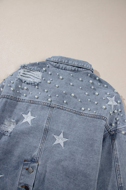 Zwarte distressed pearls ster cropped denim jack