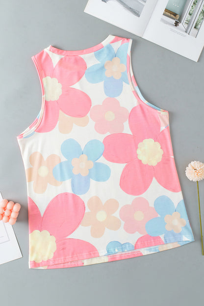 Roze mouwloze top met ronde hals en bloemenprint