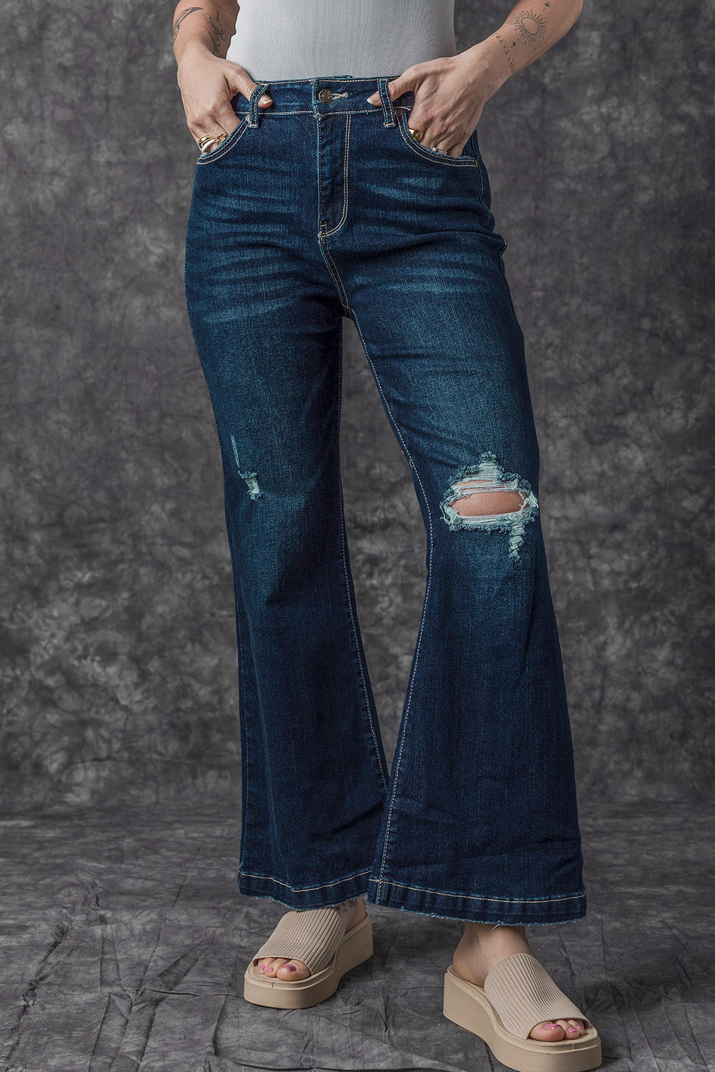 Echte Teal High Rise Ripped Bell Bottom Jeans