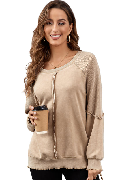 Licht Frans beige effen wafel gebreide patchwork raglanmouw sweatshirt