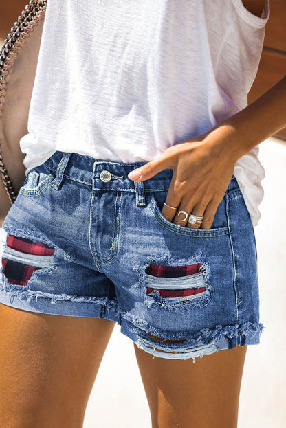 Casual denim shorts met bloemenpatchwork en opgerolde zoom