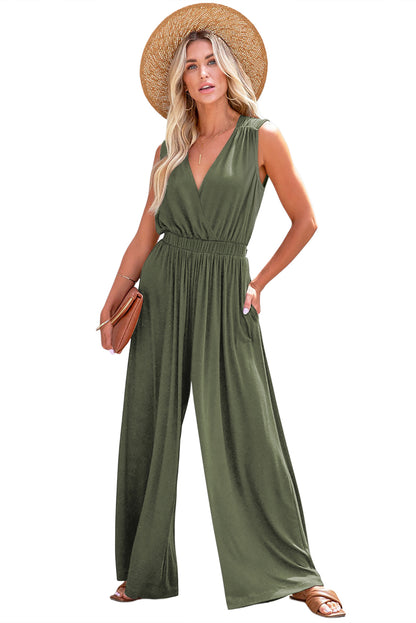 Zwarte Diepe V Geplooide Criscross Wijde Broek Rugloze Jumpsuit