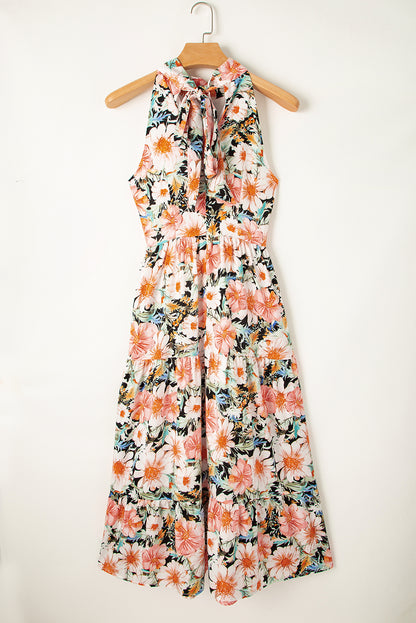 Black Boho Floral Print Knotted Halter Ruffled Maxi Dress