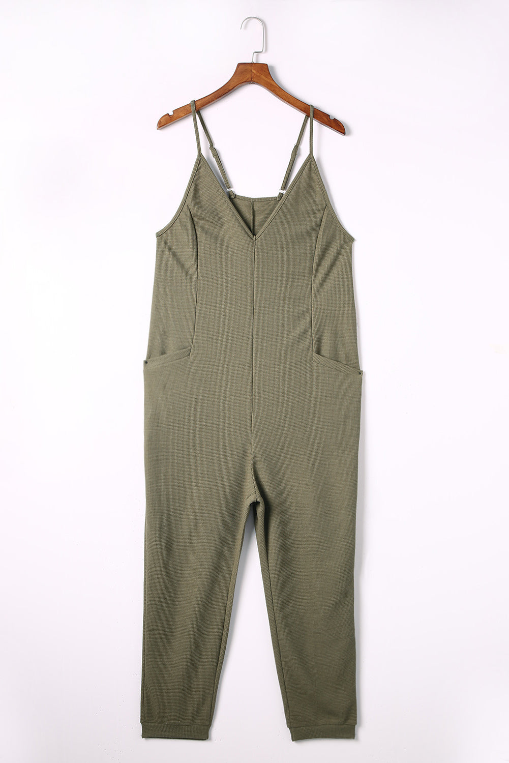 Grijze, getextureerde, mouwloze, V-hals, casual jumpsuit met zakken