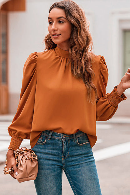 Oranje lange bubbelmouw nephals chiffon blouse