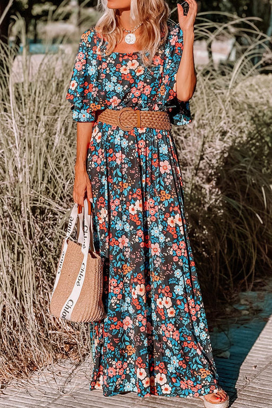 Robe longue à col carré et dos noué à fleurs bleu ciel