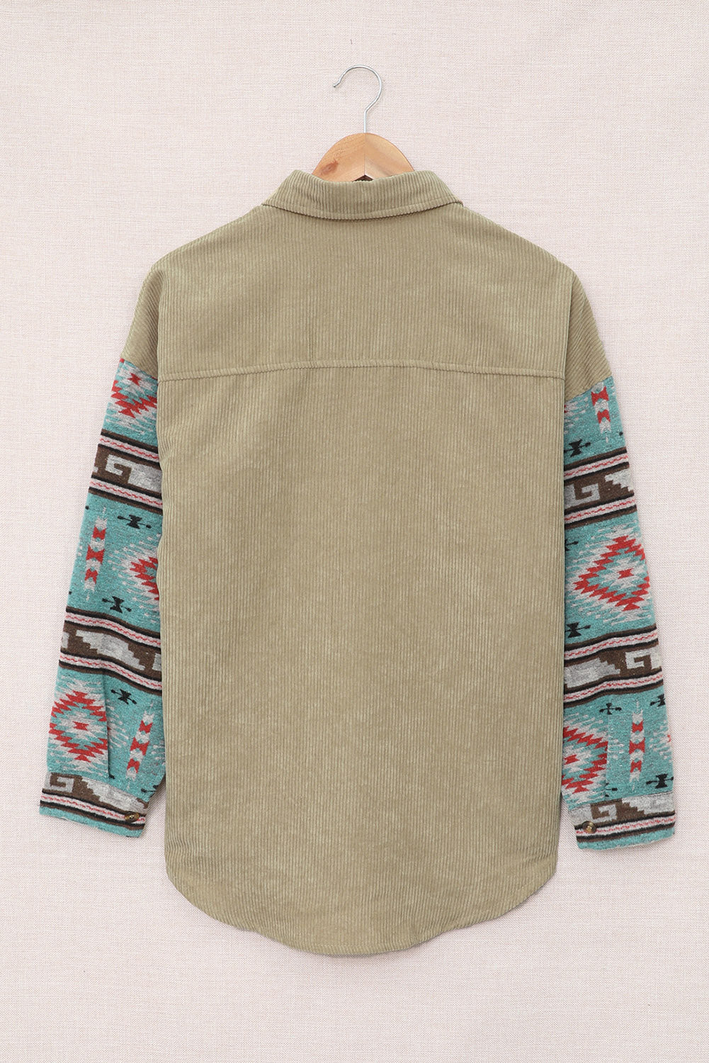 Khaki Aztec patroon mouw zak corduroy shacket