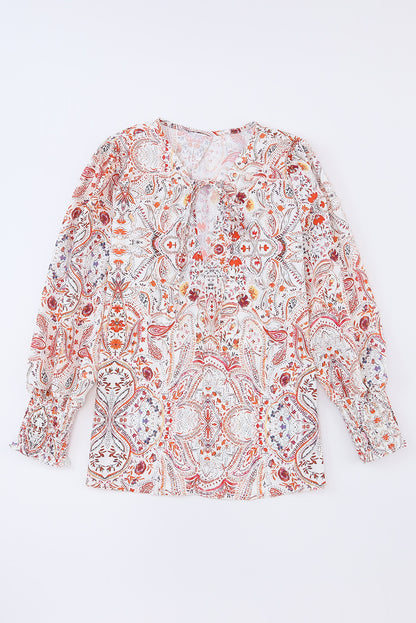 Vurig rode vintage boho print blouse met geplooide manchetten