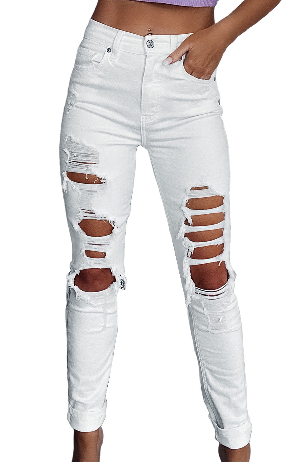 Witte gescheurde jeans met hoge taille en scheuren