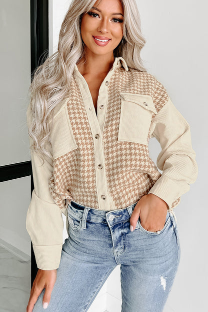 Perkamenten Houndstooth Corduroy Patchwork Flap Pocket Shacket