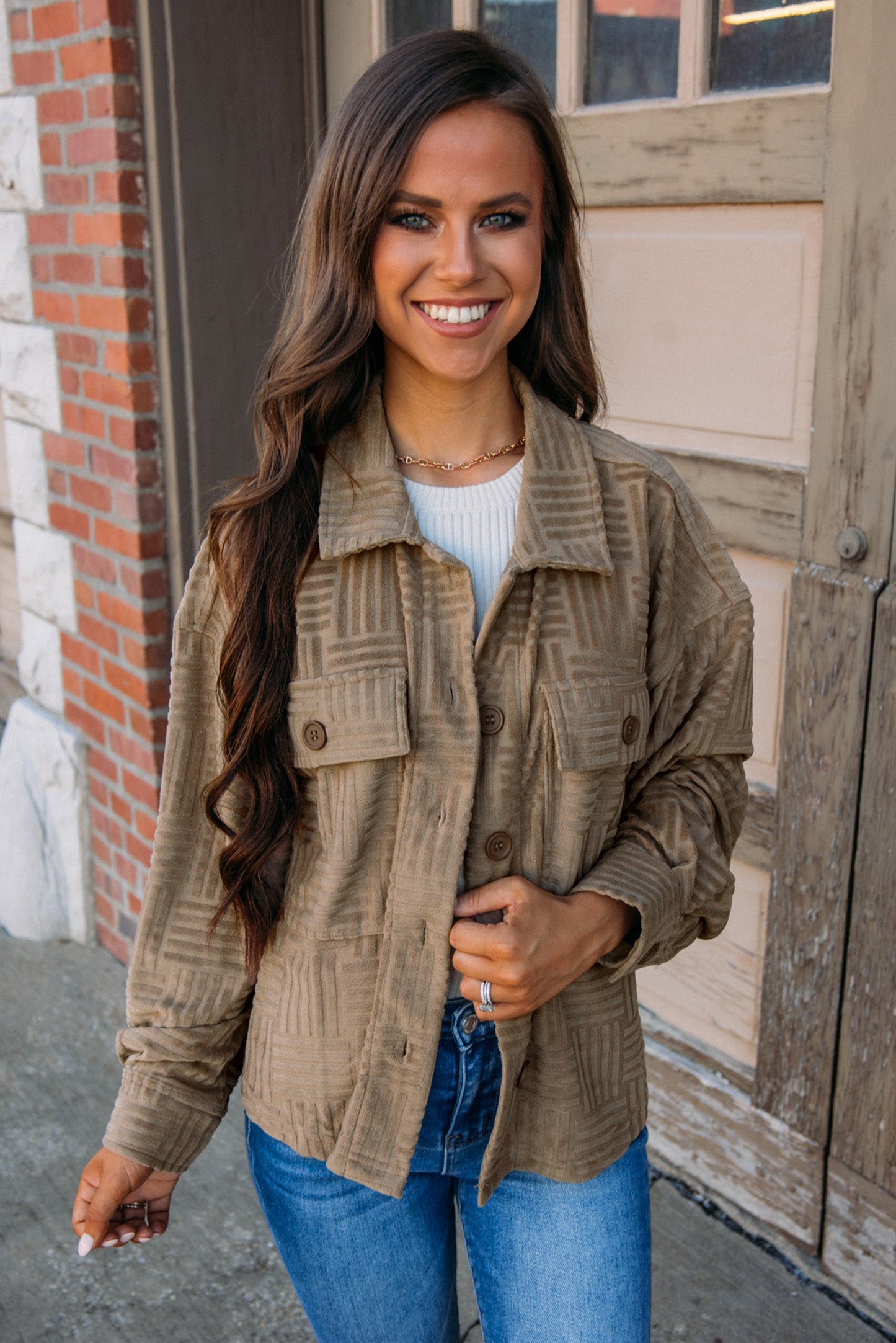 Dark Khaki Textured Chest Pocket Button-up Shacket