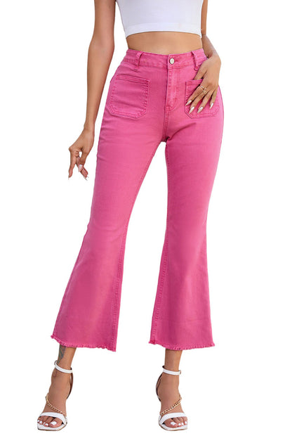 Roze enkellange flared jeans met ruwe zoom