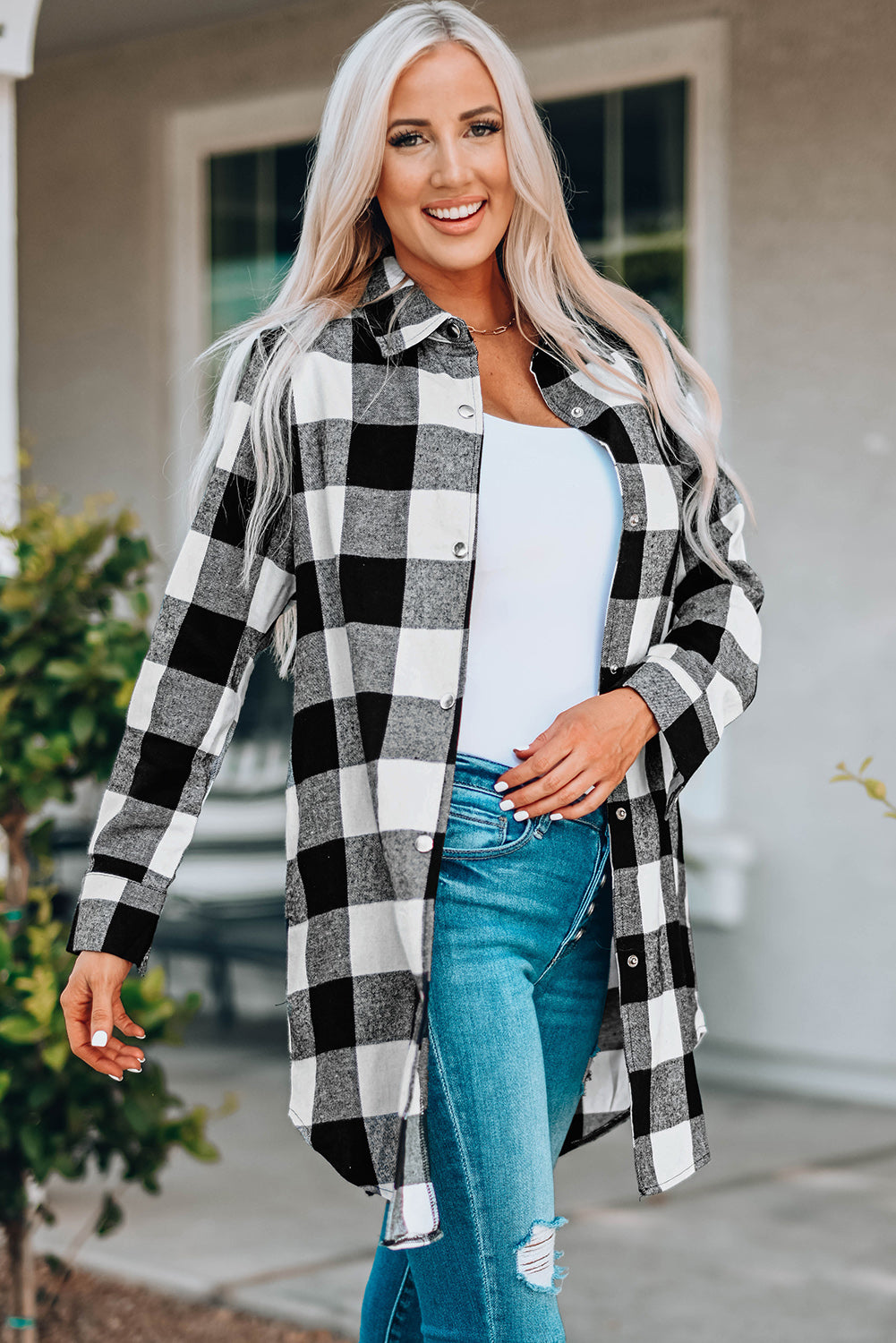 Brown Turn-down Collar Plaid Shirt Coat