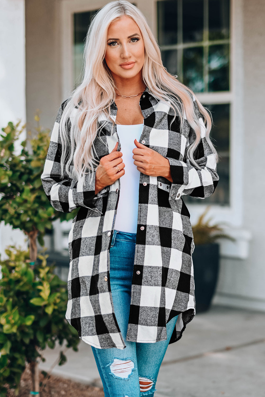 Brown Turn-down Collar Plaid Shirt Coat