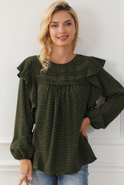 Zwartgroene kanten blouse met ruches op de schouder en lange mouwen