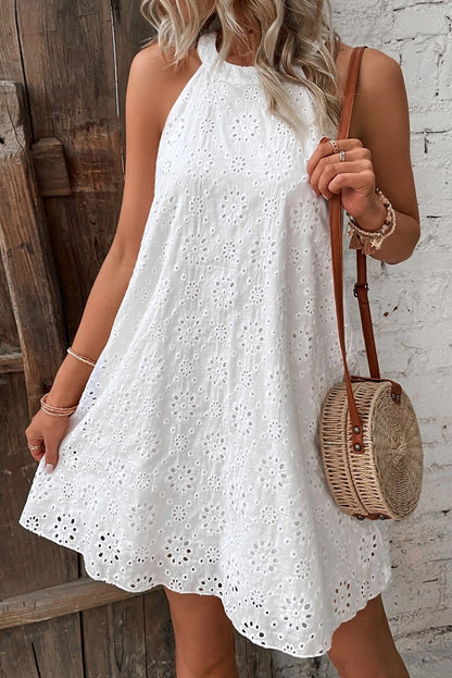 Witte Boho Halter Halter Mouwloze Jurk met Oogjespatroon