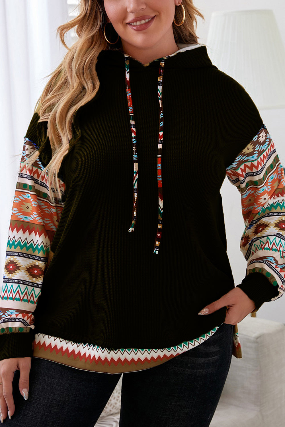 Rookgrijze Aztec Patchwork Mouw Wafel Trekkoord Plus Hoodie