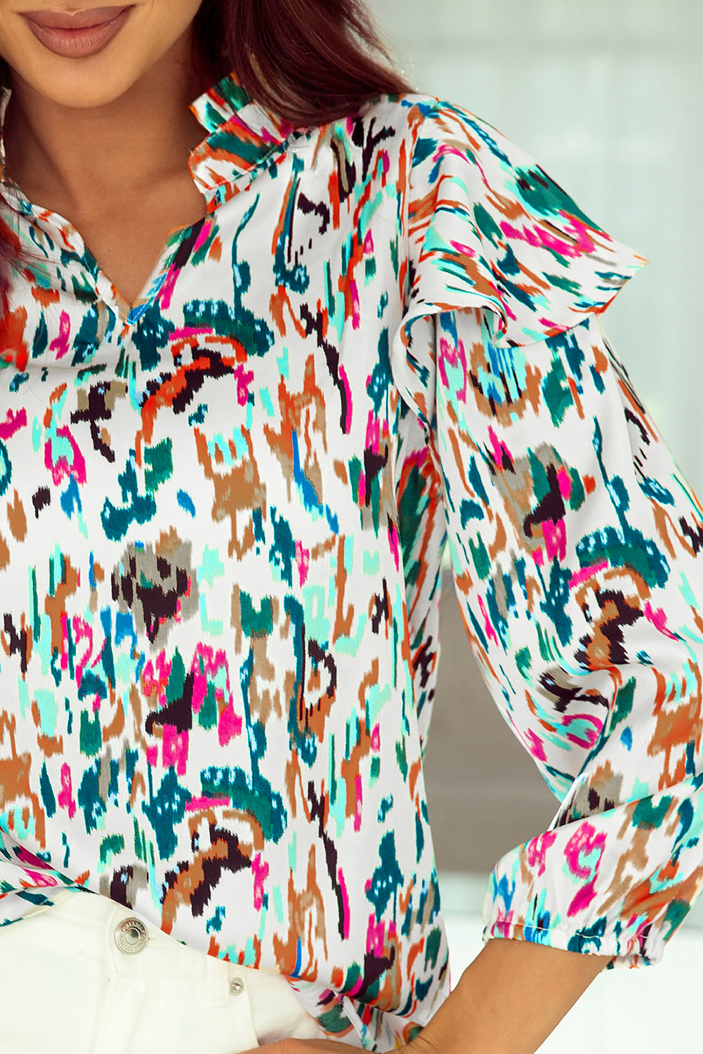 Blouse met veelkleurige abstracte print, 3/4 pofmouwen en ruches