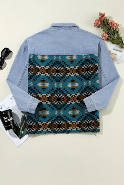 Blauwe Azteekse denimjas met print