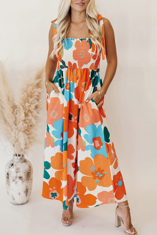 Robe longue à fleurs orange avec bretelles nouées et buste froncé