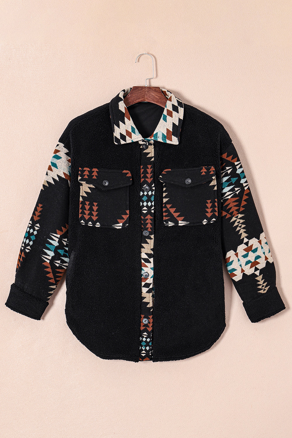 Zwarte Western Aztec Print Accent Fleece Shacket