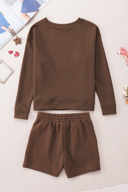 Brown Textured Long Sleeve Top and Drawstring Shorts Set