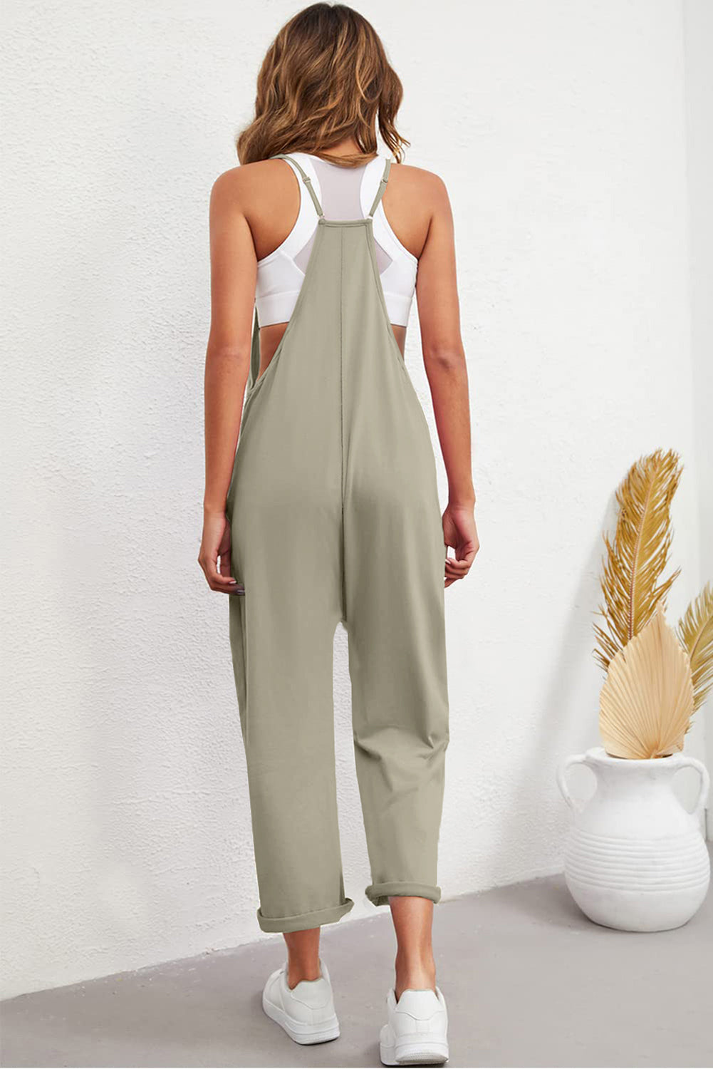 Green Pocketed Adjustable Spaghetti Strap Straight Leg Jumpsuit