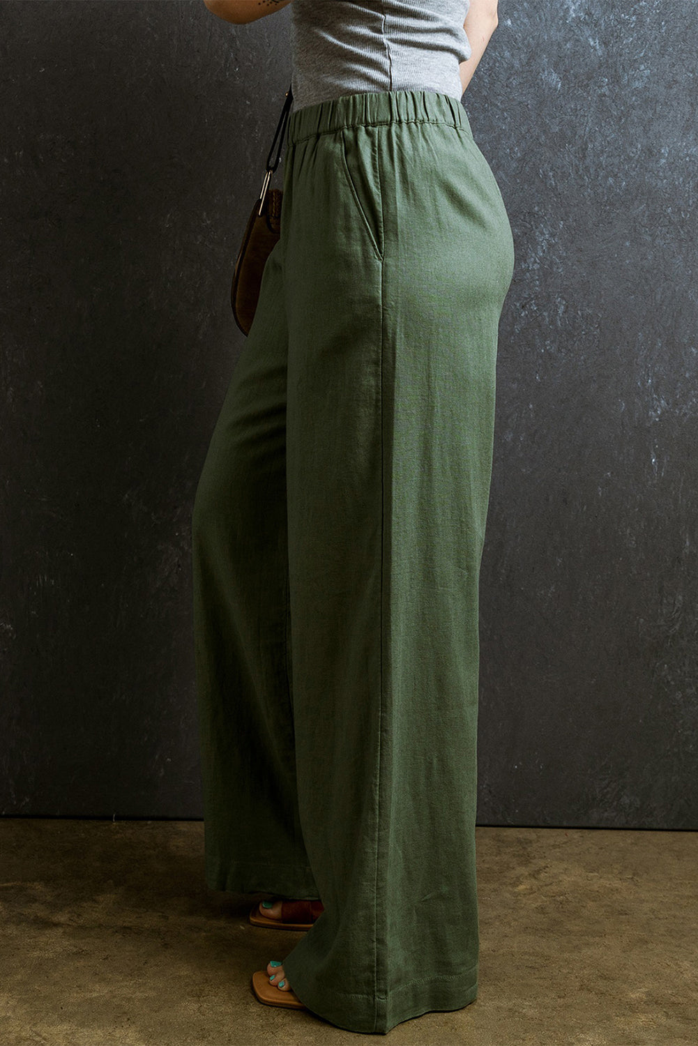 Fern Green Elastic Waist Casual Wide Leg Pants