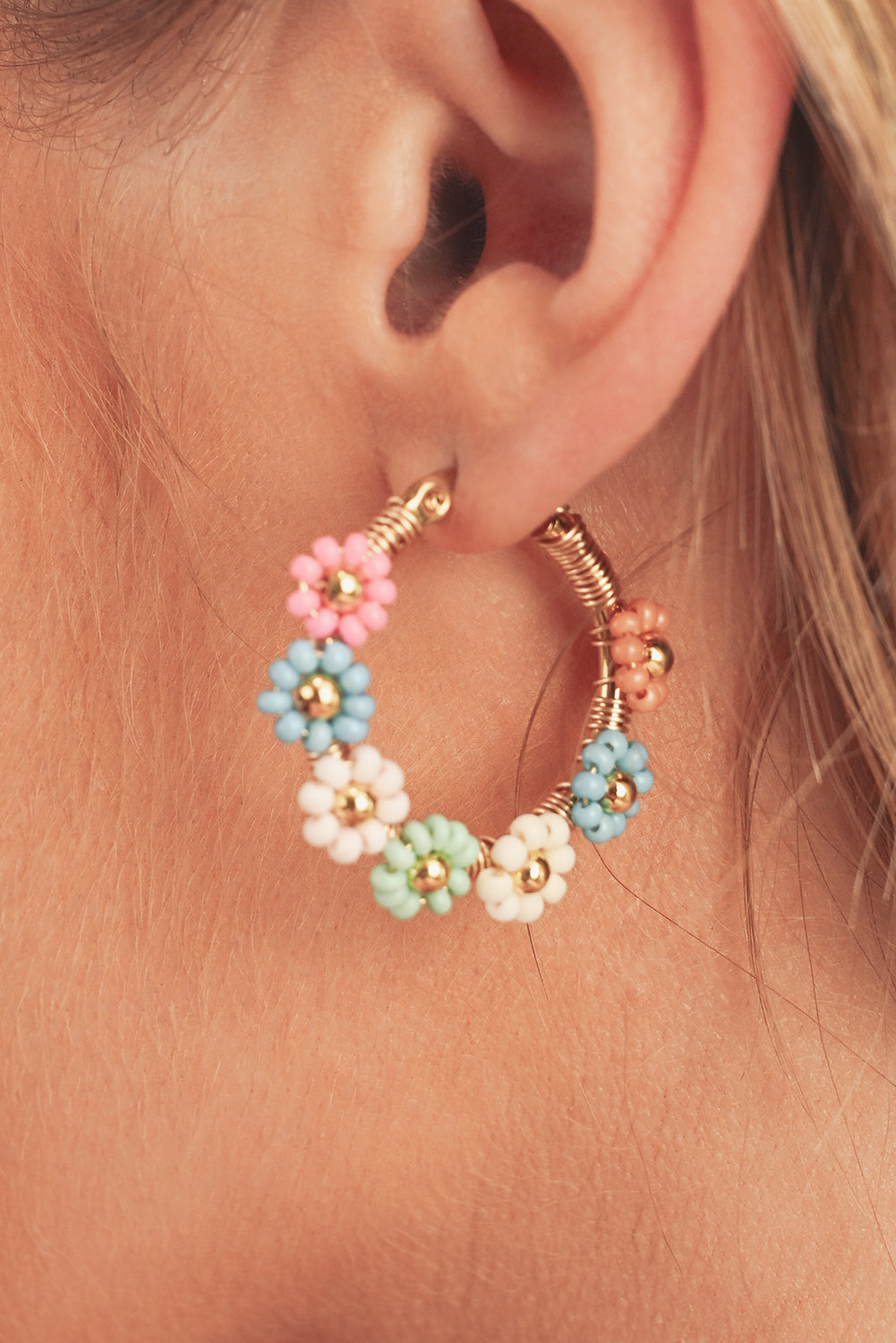 Pink Colorful Flower Hoop Earrings