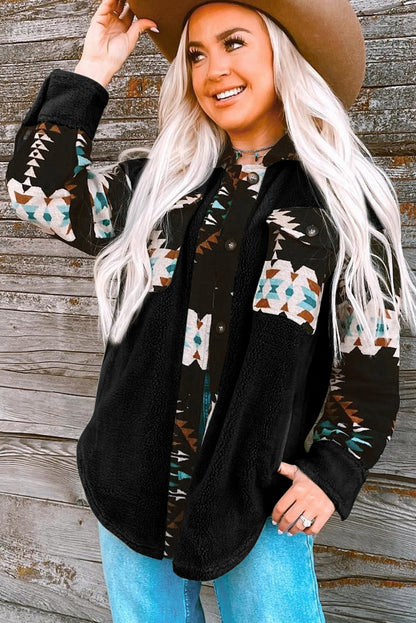 Zwarte Western Aztec Print Accent Fleece Shacket