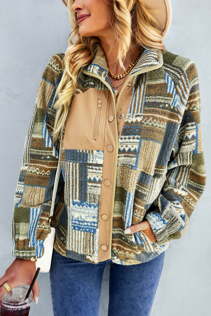 Khaki Western Colorblock Sherpa-jack met drukknopen