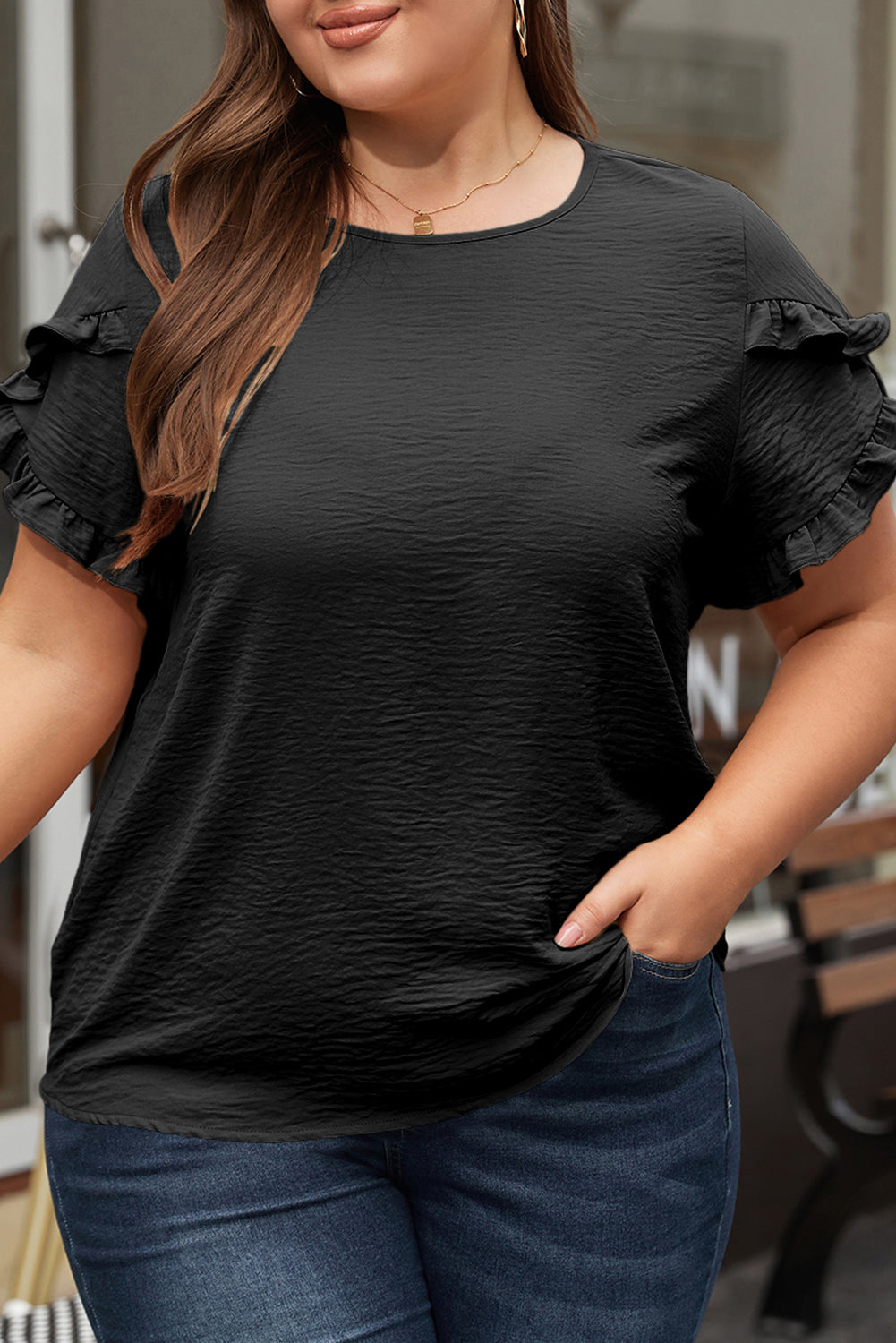 Dark Grey Ruffled Short Sleeve Plus Size Top