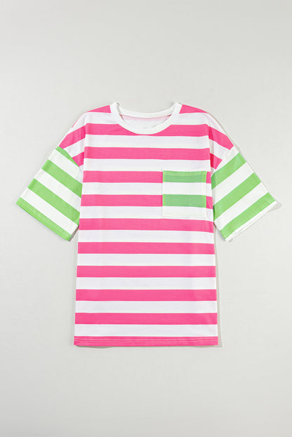 Roze streep contrast patch zak drop mouw T-shirt