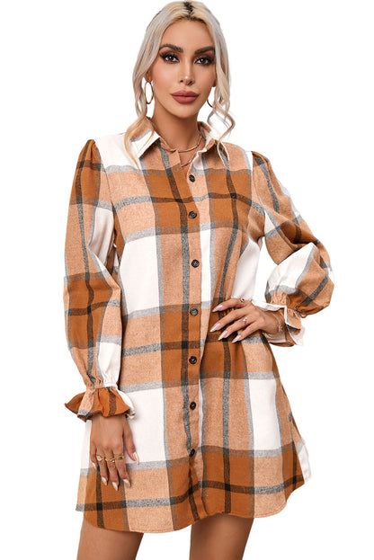 Khaki Plaid-patroon Kraag Hals Ruffle Mouw Shirt Jurk