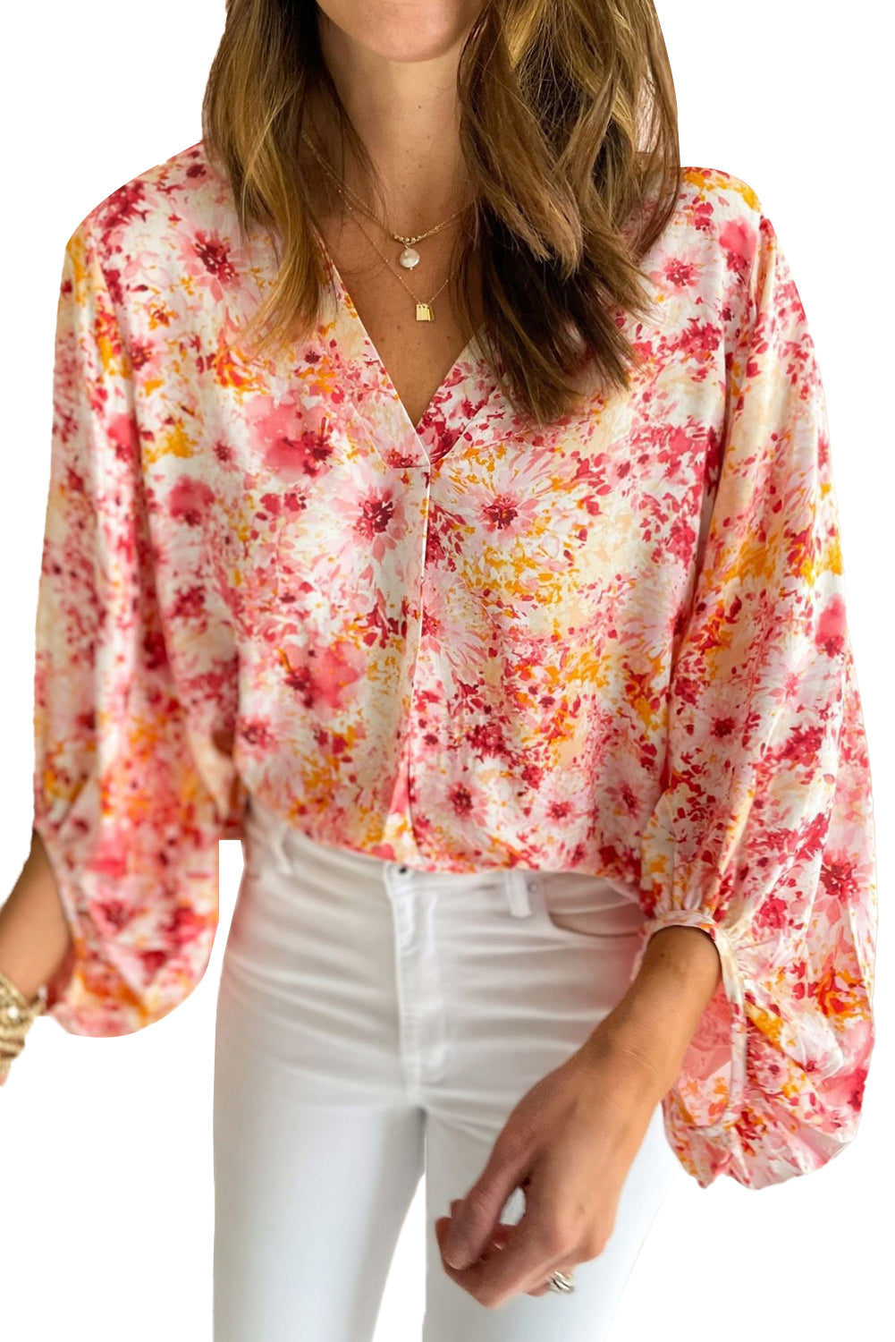 Roze blouse met bloemenprint en V-hals