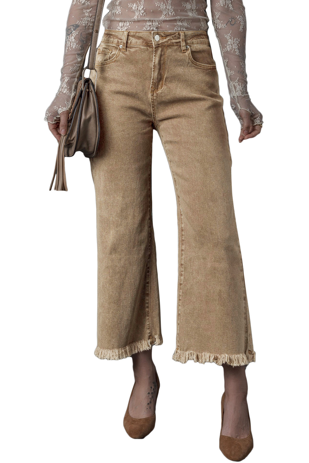 Lichte Franse beige acid washed high rise cropped wijde pijp jeans